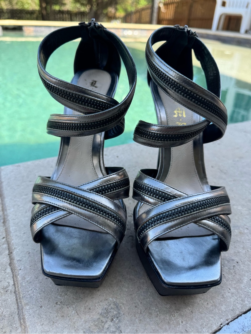 Rocker Chic L.A.M.B. Pewter Zipper Platform Sandals